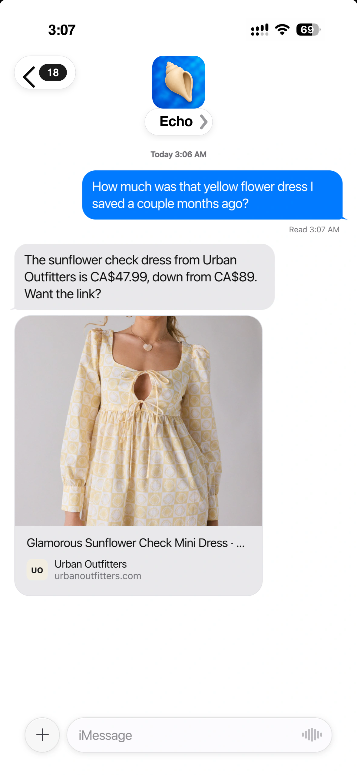 A Messages conversation where Echo finds a saved yellow flower dress, its price and the original Urban Outfitters link
