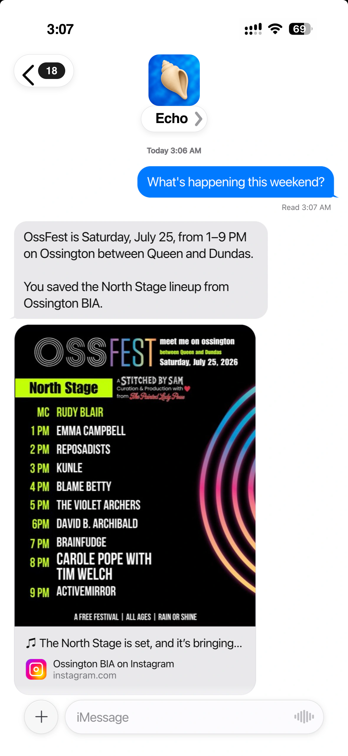 A Messages conversation where Echo recalls the date, place, lineup and original Instagram post for OssFest